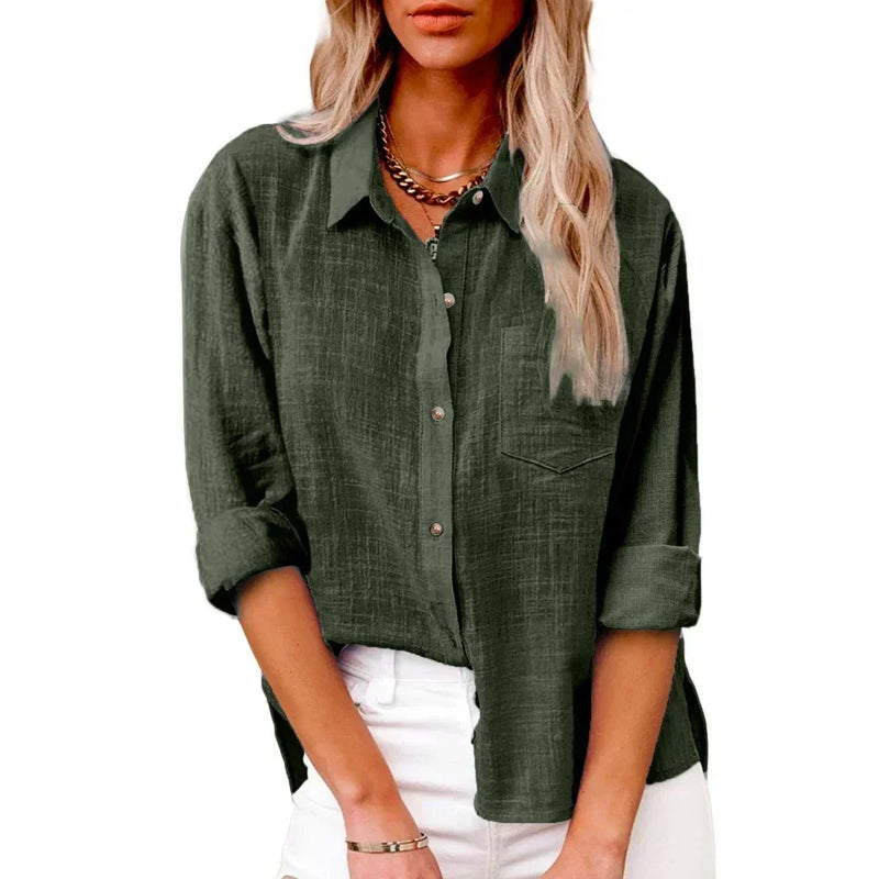 Camisas de manga longa de linho de algodão para mulheres