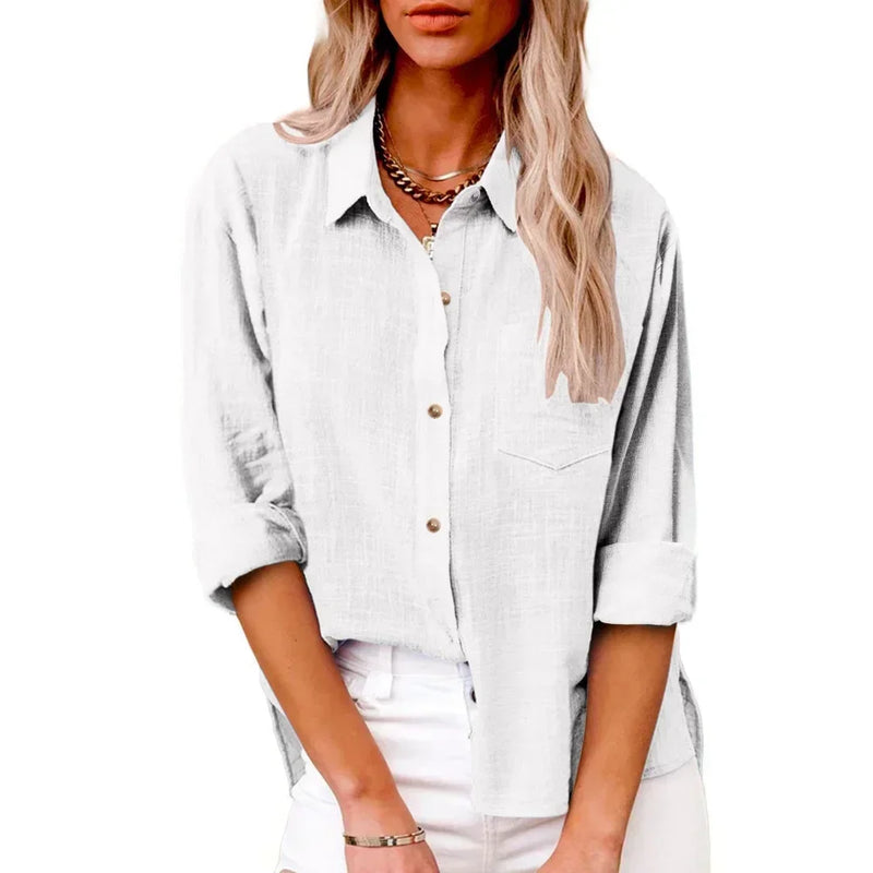 Camisas de manga longa de linho de algodão para mulheres