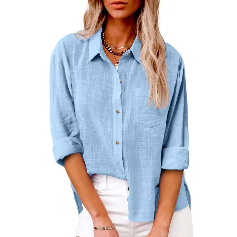 Camisas de manga longa de linho de algodão para mulheres