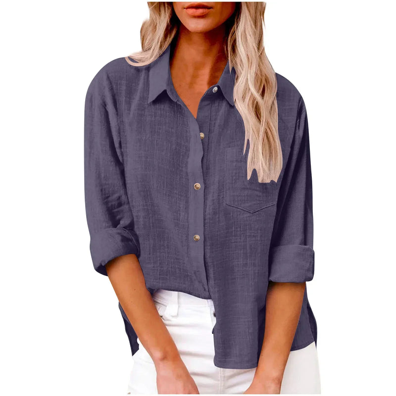 Camisas de manga longa de linho de algodão para mulheres