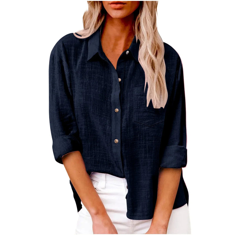 Camisas de manga longa de linho de algodão para mulheres