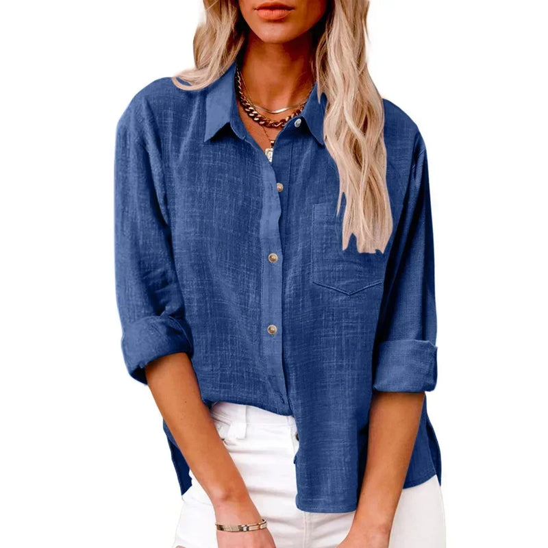 Camisas de manga longa de linho de algodão para mulheres