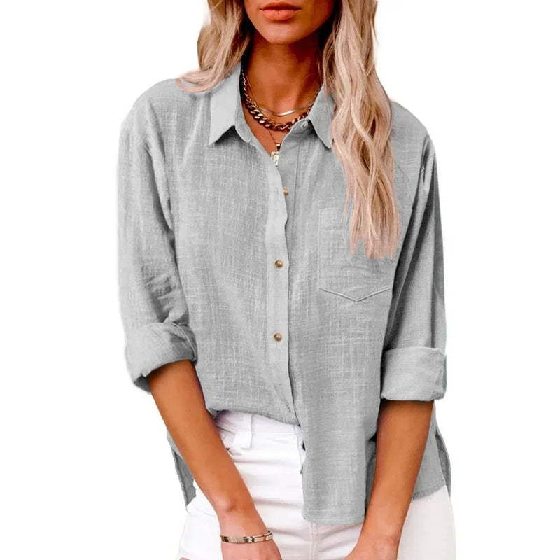 Camisas de manga longa de linho de algodão para mulheres