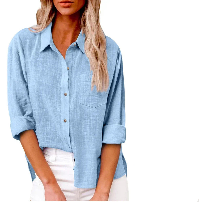Camisas de manga longa de linho de algodão para mulheres