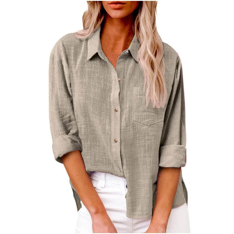Camisas de manga longa de linho de algodão para mulheres
