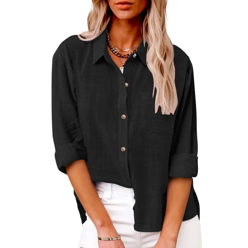 Camisas de manga longa de linho de algodão para mulheres